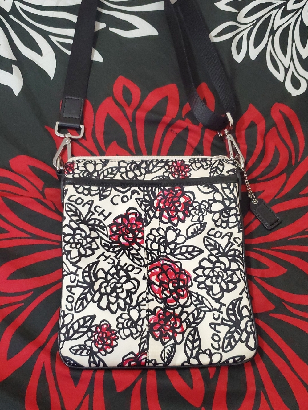 Coach Poppy Floral Satin Crossbody Bag - White, Black & Red